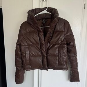 Alya Brown Cropped Faux Leather Puffer Jacket